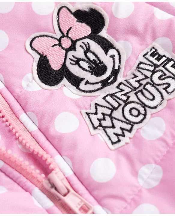 Babyhug Disney Woven Full Sleeves Hooded Padded Winter Jacket With Minnie Mouse Graphics With Ear & Bow Applique - Pink