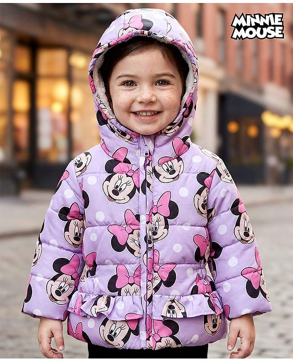 Babyhug Disney Woven Full Sleeves Hooded Winter Jacket With Minnie Mouse Print - Pink