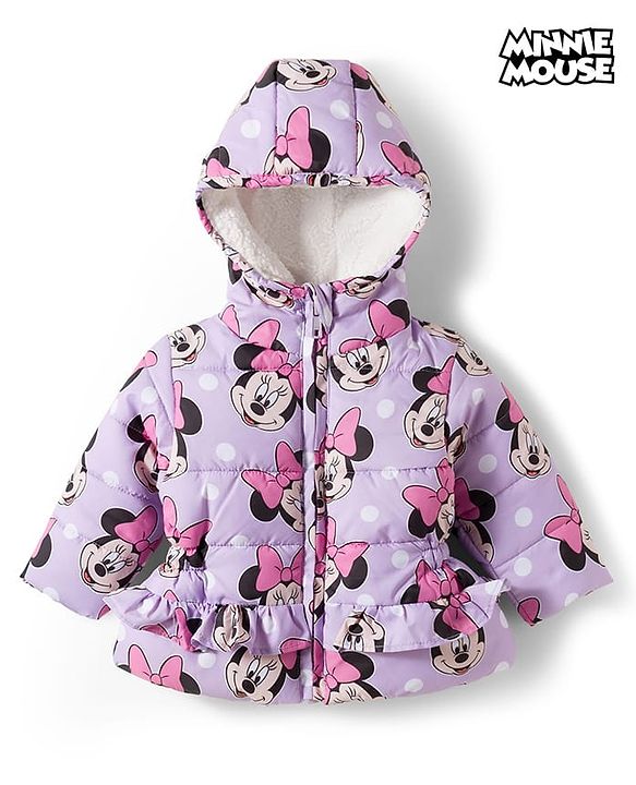 Babyhug Disney Woven Full Sleeves Hooded Winter Jacket With Minnie Mouse Print - Pink