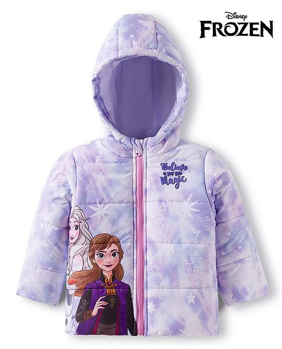 Babyhug Disney Woven Hooded Padded Winter Jacket With Full Sleeves and Elsa & Anna Graphic- Lavender