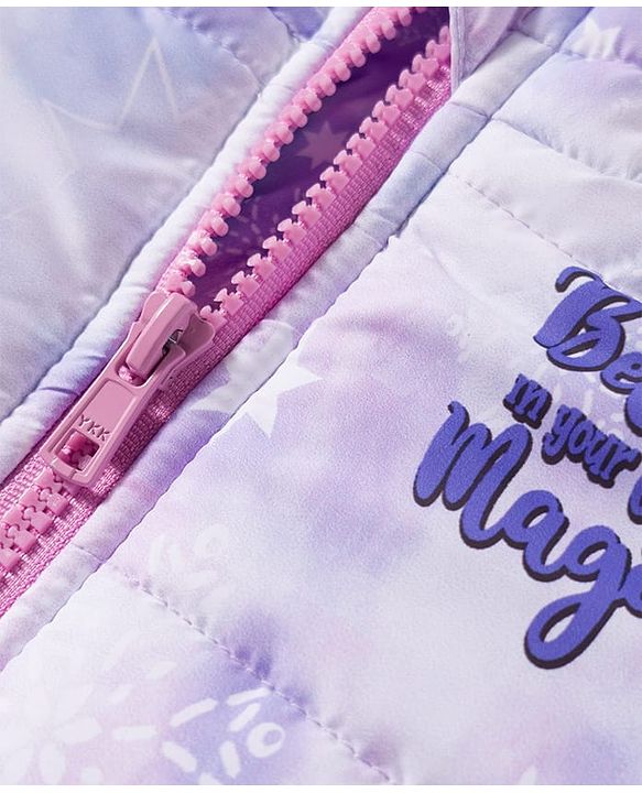 Babyhug Disney Woven Hooded Padded Winter Jacket With Full Sleeves and Elsa & Anna Graphic- Lavender