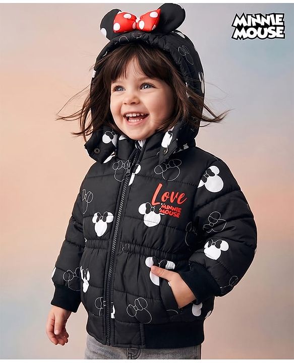 Babyhug Disney Woven Full Sleeves Hooded Winter Jacket With Minnie Mouse Print & Ear Bow Applique - Black