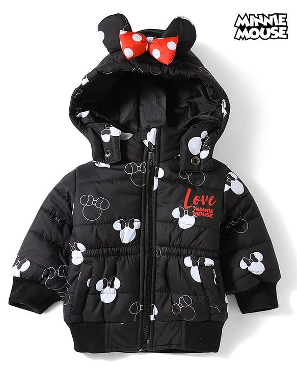 Babyhug Disney Woven Full Sleeves Hooded Winter Jacket With Minnie Mouse Print & Ear Bow Applique - Black