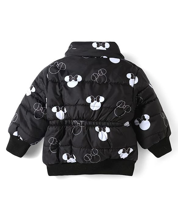 Babyhug Disney Woven Full Sleeves Hooded Winter Jacket With Minnie Mouse Print & Ear Bow Applique - Black
