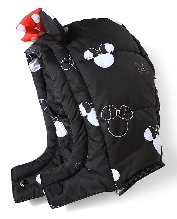 Babyhug Disney Woven Full Sleeves Hooded Winter Jacket With Minnie Mouse Print & Ear Bow Applique - Black