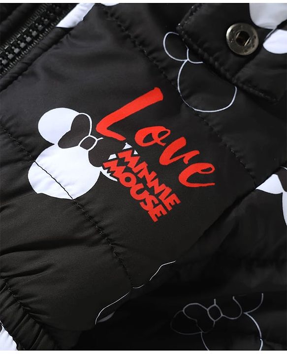 Babyhug Disney Woven Full Sleeves Hooded Winter Jacket With Minnie Mouse Print & Ear Bow Applique - Black