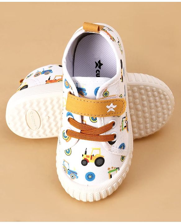 Cute Walk by Babyhug Casual Shoes with Velcro Closure And  Vehicle Print - White