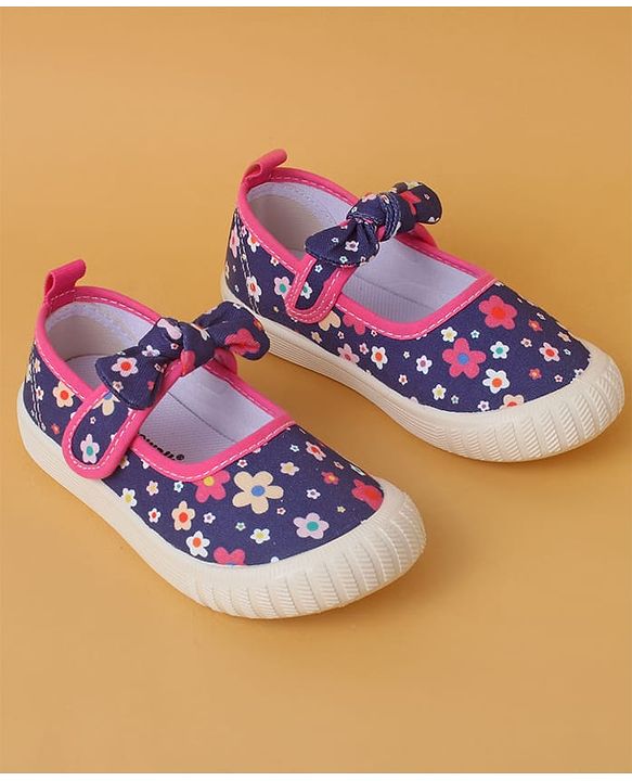 Cute Walk by Babyhug Casual Shoes with Velcro Closure And  Floral Print & Bow Applique - Navy Blue