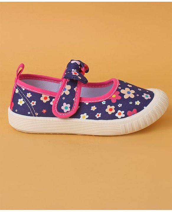 Cute Walk by Babyhug Casual Shoes with Velcro Closure And  Floral Print & Bow Applique - Navy Blue