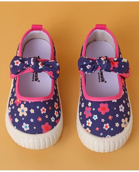 Cute Walk by Babyhug Casual Shoes with Velcro Closure And  Floral Print & Bow Applique - Navy Blue