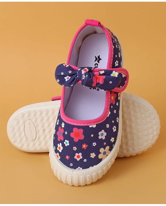 Cute Walk by Babyhug Casual Shoes with Velcro Closure And  Floral Print & Bow Applique - Navy Blue