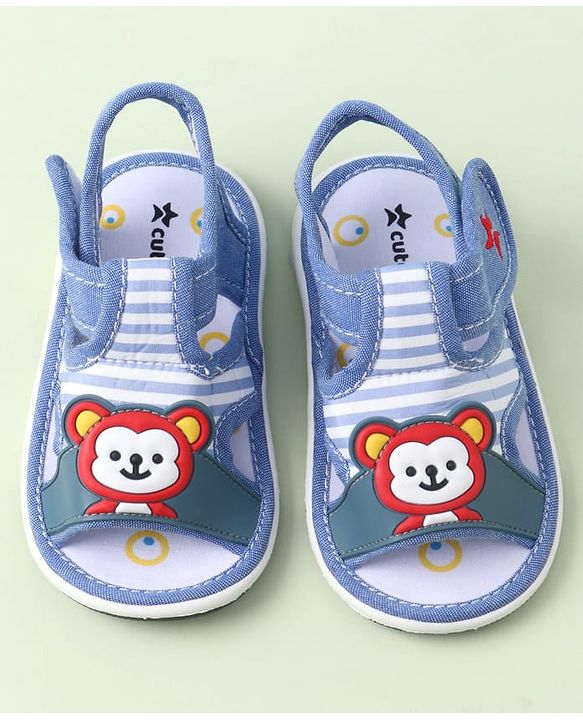 Cute Walk by Babyhug Velcro Closure Sandals with Bear Applique & Stripes - Blue