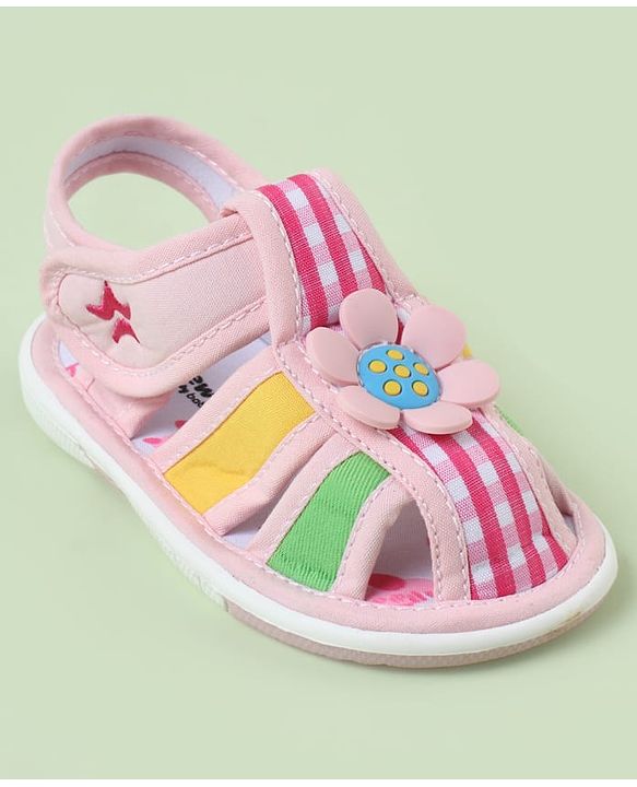 Cute Walk by Babyhug Velcro Closure Sandals with Checks & Floral Applique - Pink