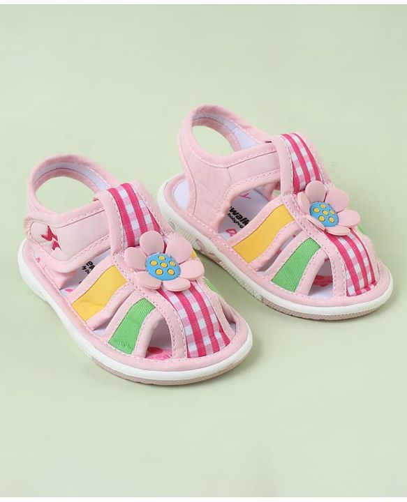 Cute Walk by Babyhug Velcro Closure Sandals with Checks & Floral Applique - Pink