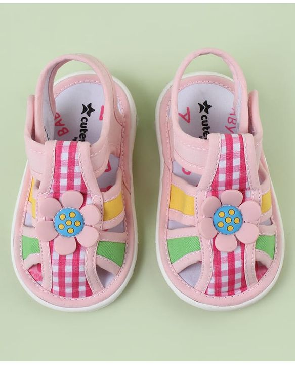 Cute Walk by Babyhug Velcro Closure Sandals with Checks & Floral Applique - Pink