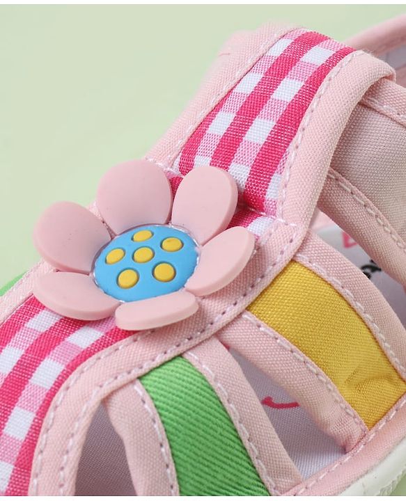 Cute Walk by Babyhug Velcro Closure Sandals with Checks & Floral Applique - Pink