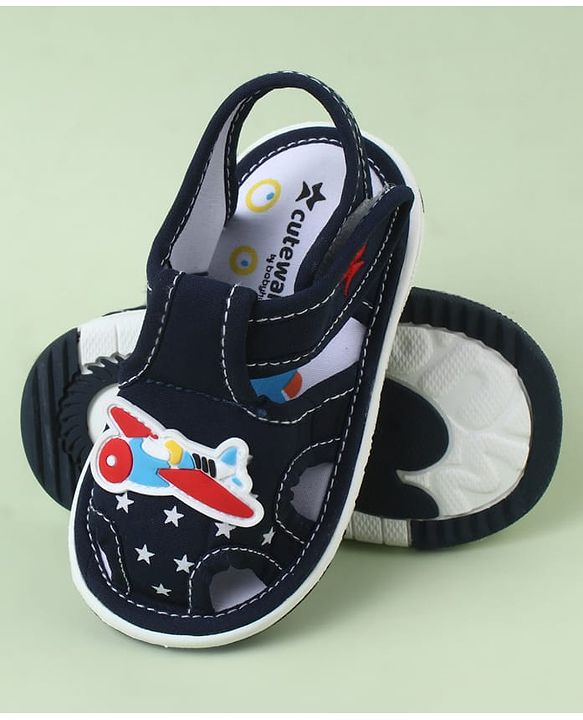 Cute Walk by Babyhug Sandals With Velcro Closure & Aeroplane Applique - Light Blue