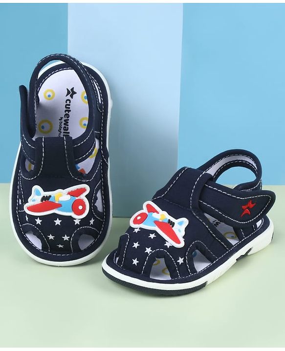 Cute Walk by Babyhug Sandals With Velcro Closure & Aeroplane Applique - Light Blue