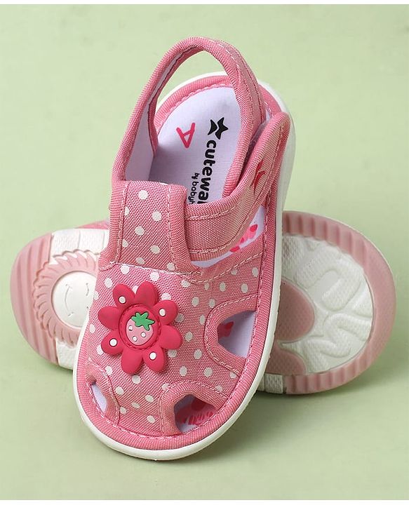 Cute Walk by Babyhug Velcro Closure Polka Dots Printed Sandal With Floral Applique - Pink