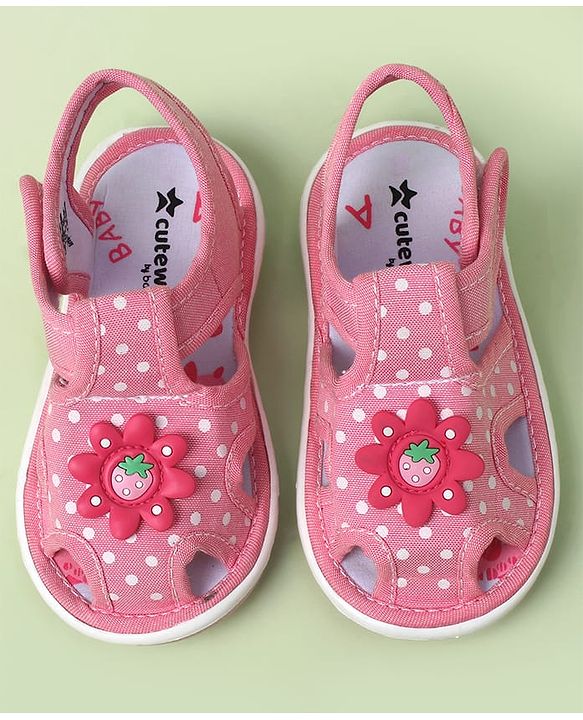 Cute Walk by Babyhug Velcro Closure Polka Dots Printed Sandal With Floral Applique - Pink