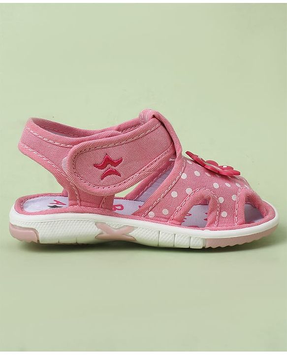 Cute Walk by Babyhug Velcro Closure Polka Dots Printed Sandal With Floral Applique - Pink