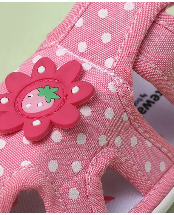 Cute Walk by Babyhug Velcro Closure Polka Dots Printed Sandal With Floral Applique - Pink