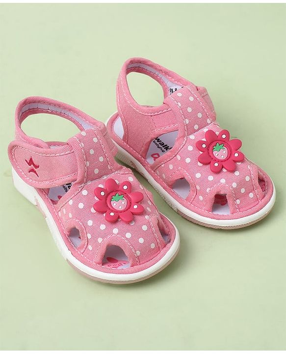 Cute Walk by Babyhug Velcro Closure Polka Dots Printed Sandal With Floral Applique - Pink