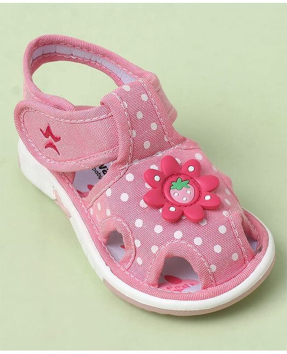 Cute Walk by Babyhug Velcro Closure Polka Dots Printed Sandal With Floral Applique - Pink