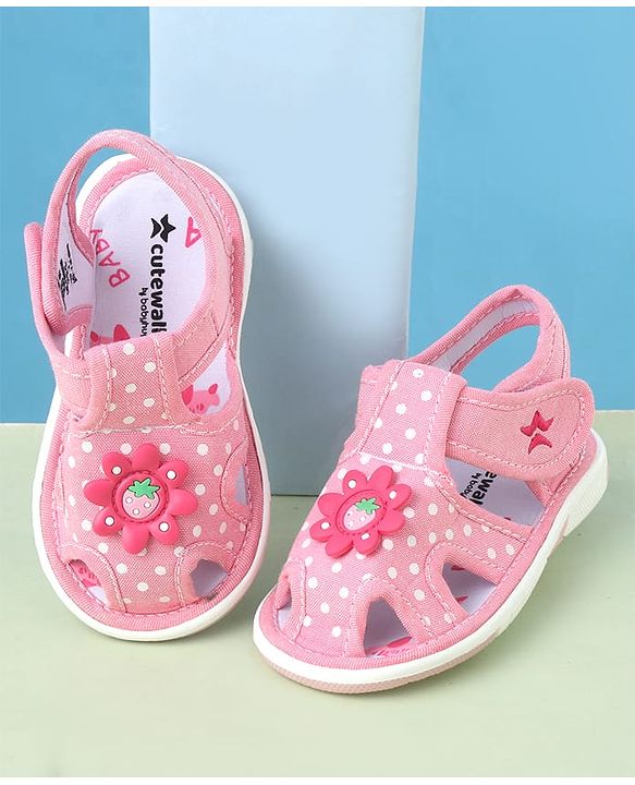 Cute Walk by Babyhug Velcro Closure Polka Dots Printed Sandal With Floral Applique - Pink