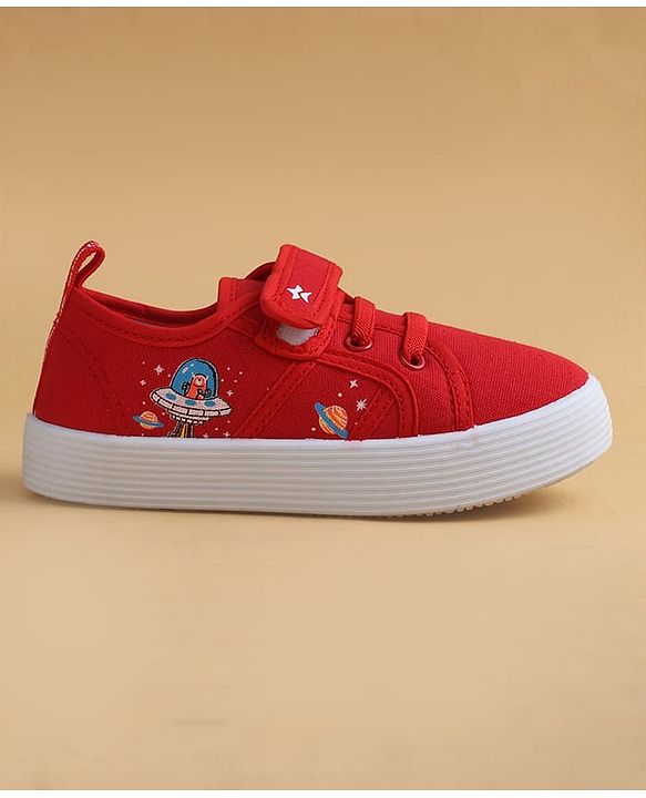 Cute Walk by Babyhug Casual Shoes with Velcro Closure & Space Theme Embroidery - Red