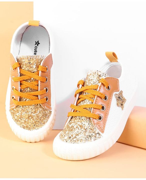 Cute Walk by Babyhug Lace Up Casual Shoes With Star Applique - Golden