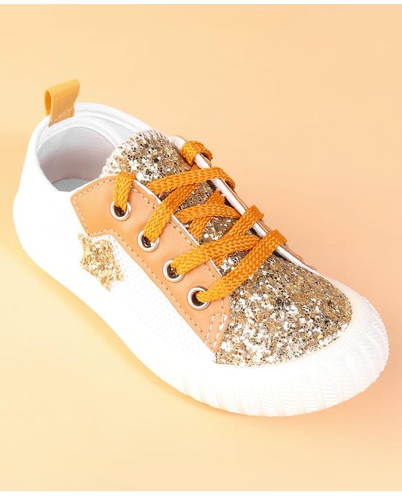 Cute Walk by Babyhug Lace Up Casual Shoes With Star Applique - Golden