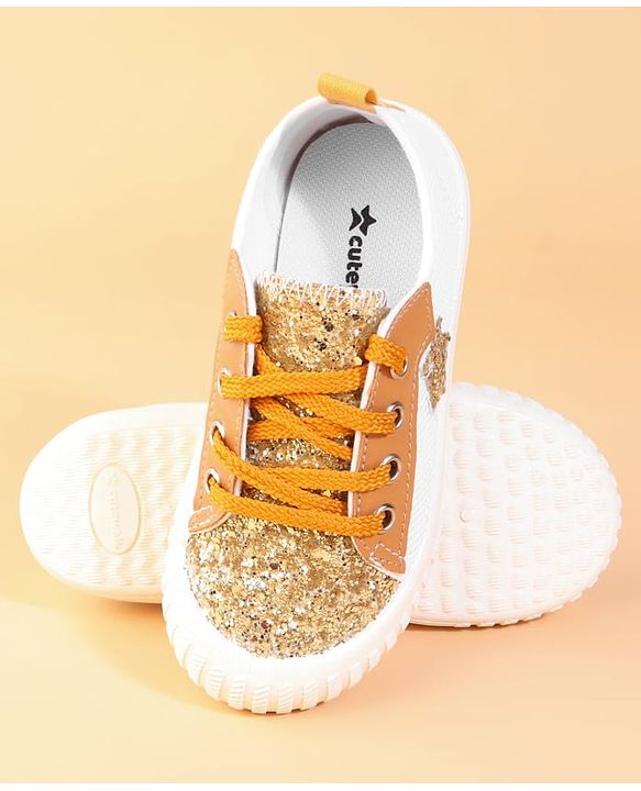 Cute Walk by Babyhug Lace Up Casual Shoes With Star Applique - Golden