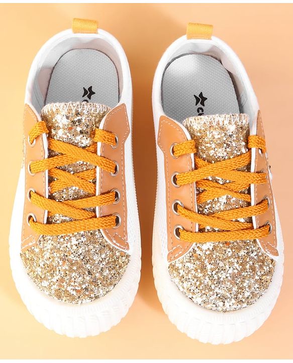 Cute Walk by Babyhug Lace Up Casual Shoes With Star Applique - Golden
