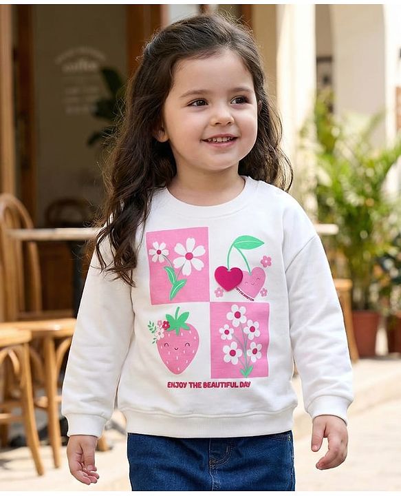 Babyhug Cotton Knit Full Sleeves Sweatshirt with Tropical Theme Print - White