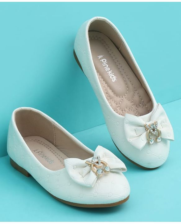 Pine Kids Slip On Closed Toe Ballerina with Bow Applique - White