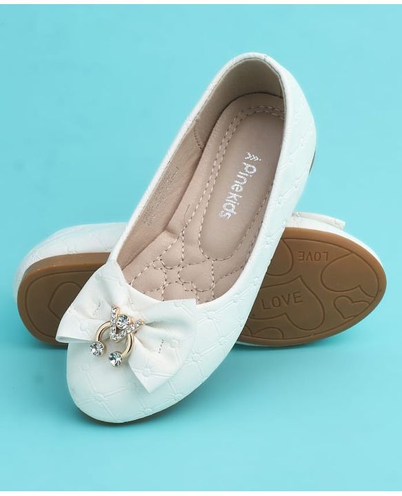 Pine Kids Slip On Closed Toe Ballerina with Bow Applique - White