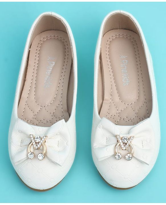 Pine Kids Slip On Closed Toe Ballerina with Bow Applique - White
