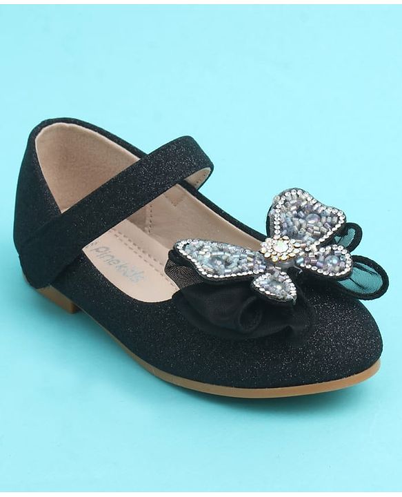 Pine Kids Velcro Closure Closed Toe Ballerina with Bow Applique - Black