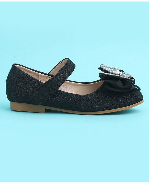 Pine Kids Velcro Closure Closed Toe Ballerina with Bow Applique - Black