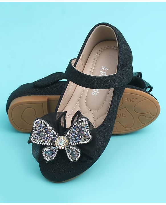 Pine Kids Velcro Closure Closed Toe Ballerina with Bow Applique - Black