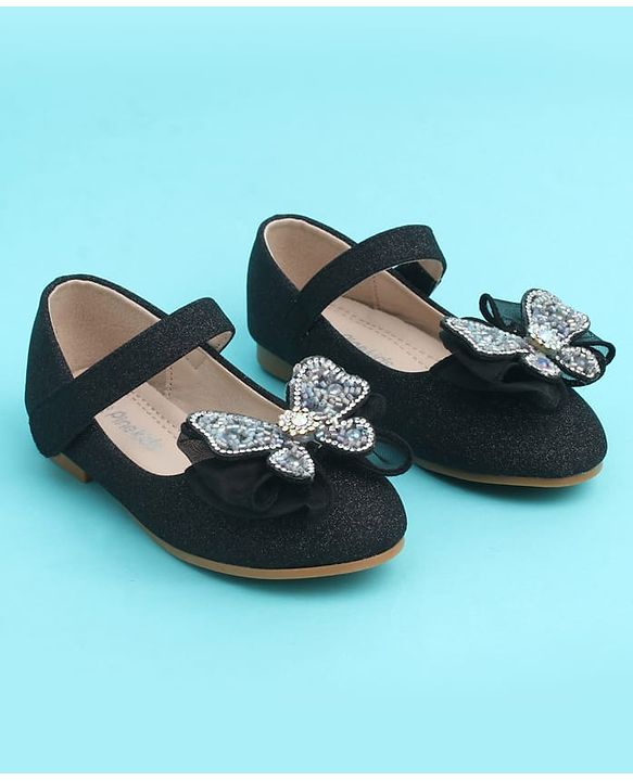Pine Kids Velcro Closure Closed Toe Ballerina with Bow Applique - Black