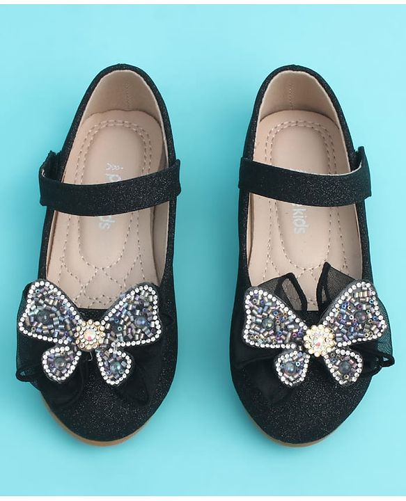 Pine Kids Velcro Closure Closed Toe Ballerina with Bow Applique - Black