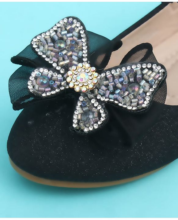 Pine Kids Velcro Closure Closed Toe Ballerina with Bow Applique - Black