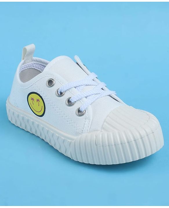 Pine Kids Lace Up Casual Shoes With Smiley Print - White