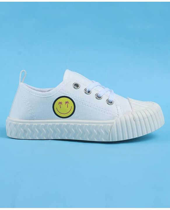 Pine Kids Lace Up Casual Shoes With Smiley Print - White