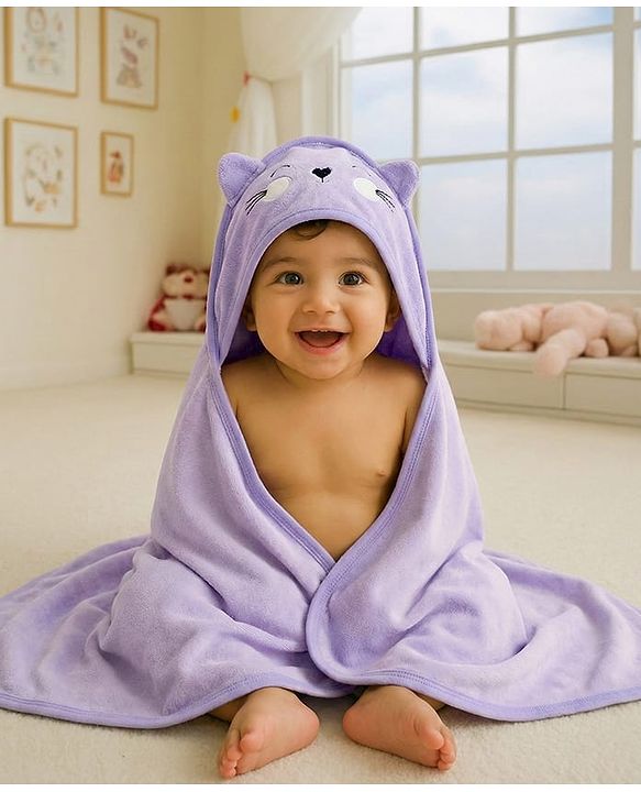 Babyhug Cotton Knit Hooded Wrapper With Ear Applique L 82 x B 77 cm - Lavender