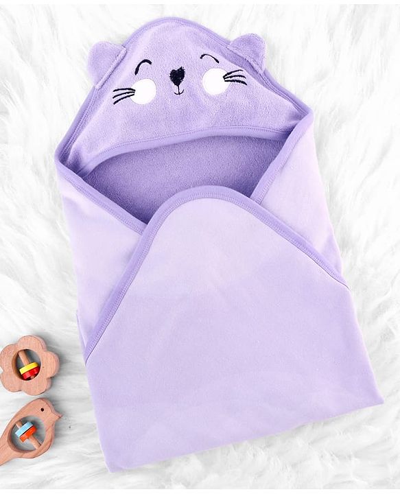 Babyhug Cotton Knit Hooded Wrapper With Ear Applique L 82 x B 77 cm - Lavender