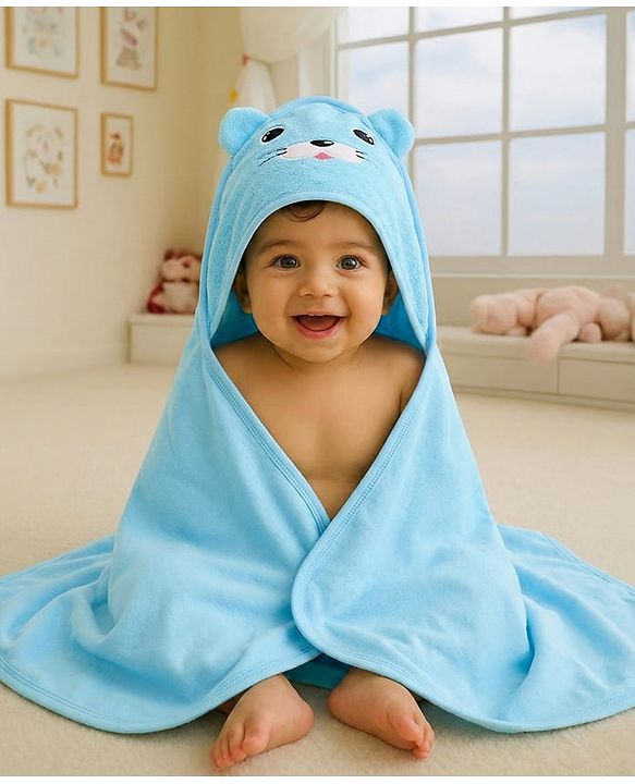 Babyhug Cotton Knit Hooded Wrapper With Animal Face Embroidery & Ear Applique L 82 x B 77 cm - Blue