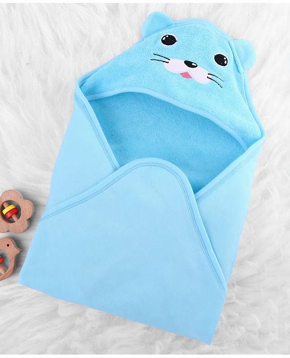 Babyhug Cotton Knit Hooded Wrapper With Animal Face Embroidery & Ear Applique L 82 x B 77 cm - Blue